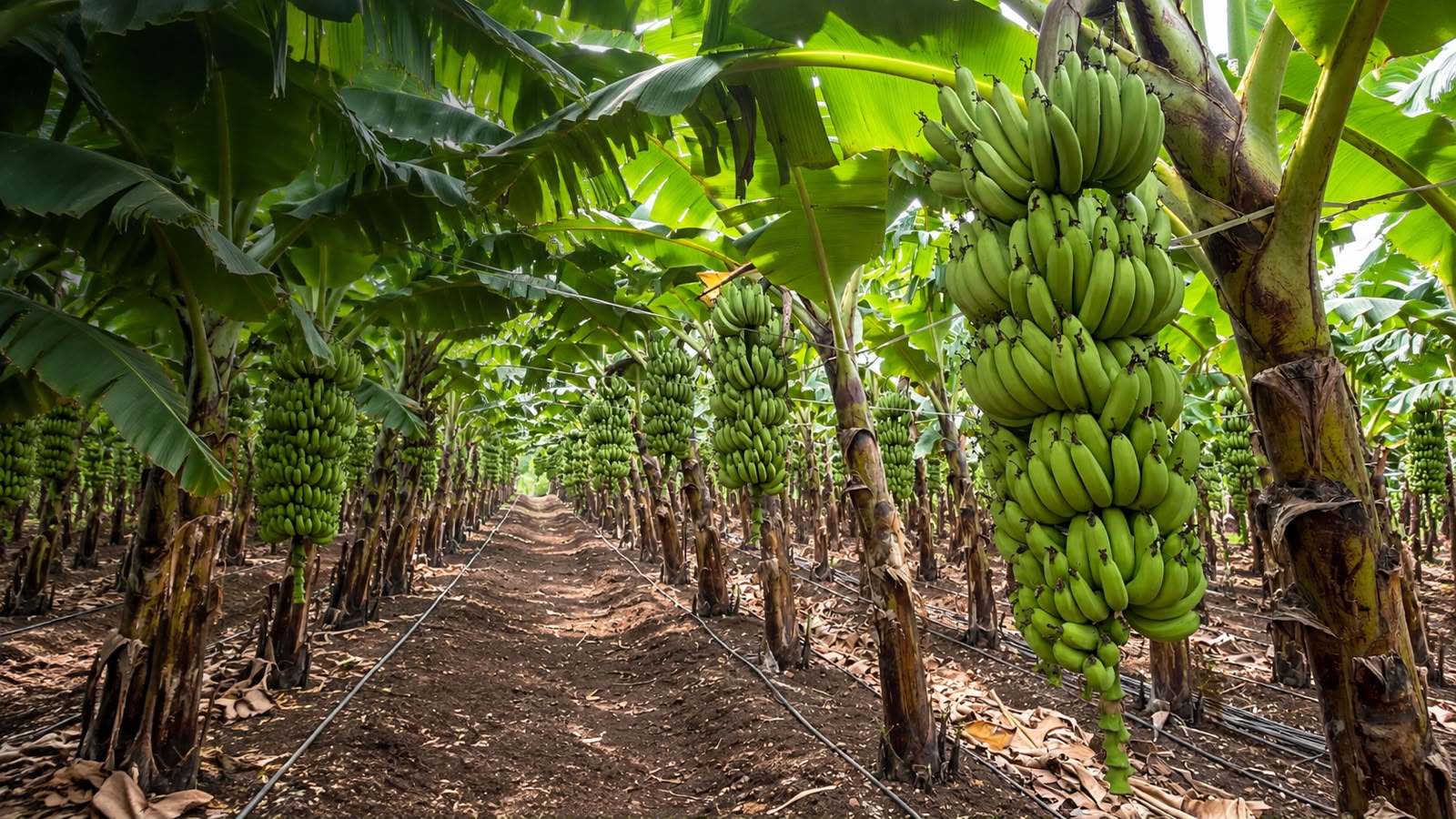 Healthy banana bunches growing in a commercial banana plantation